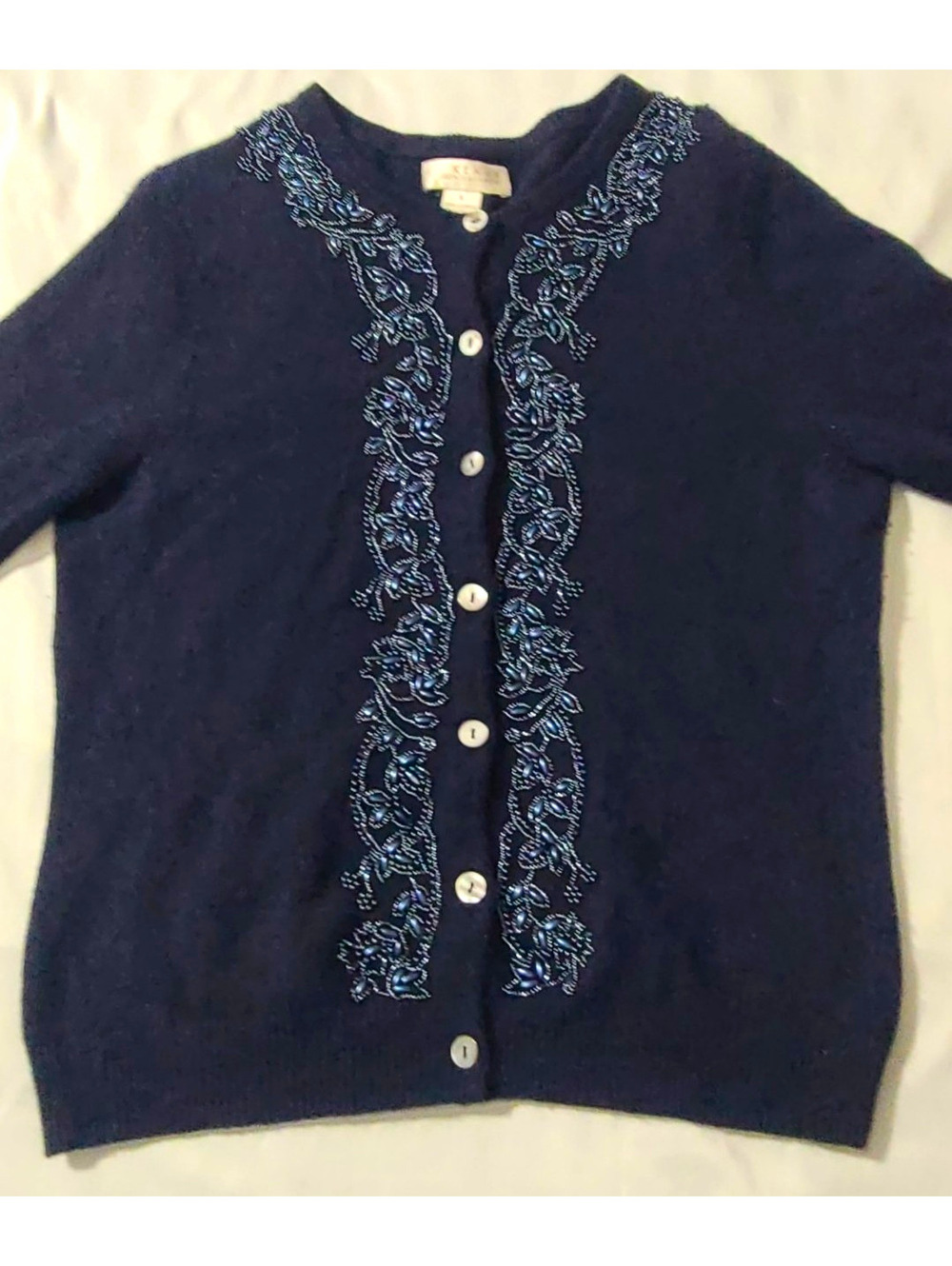 Kenar 100% Cashmere Cardigan L Navy Blue Beaded Floral Short Sleeve Sweater
